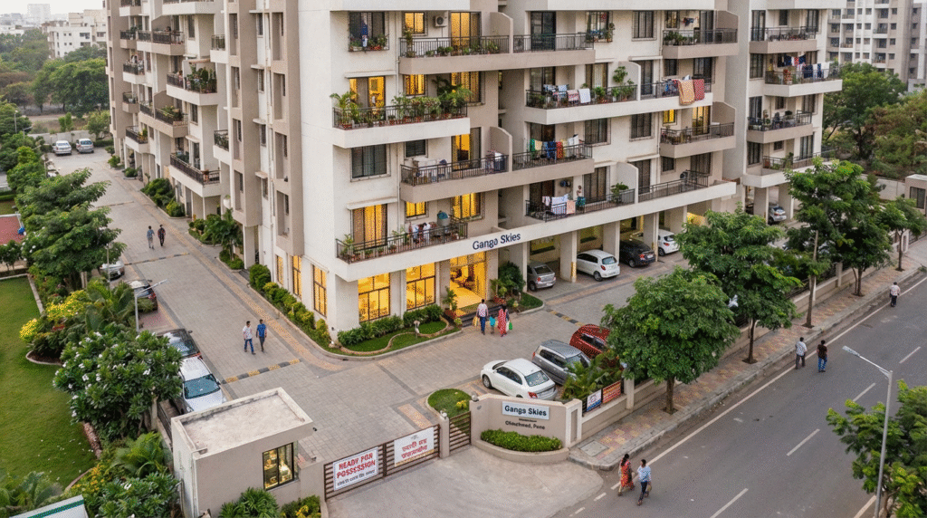 ready to move 3 bhk in chinchwad showing completed residential apartment building