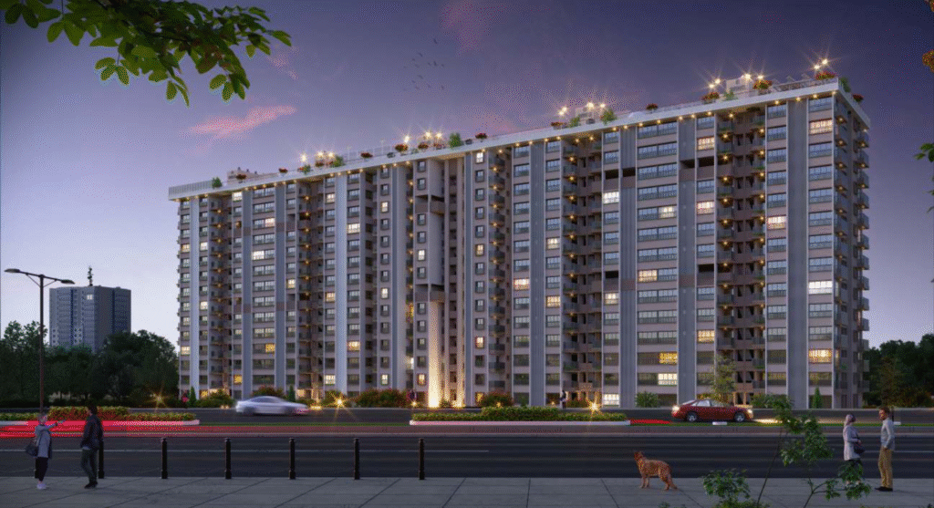 Premium elevation view of Panoreeva Wakad showcasing modern residential towers offering 2 BHK and 3 BHK luxury apartments near Hinjawadi.