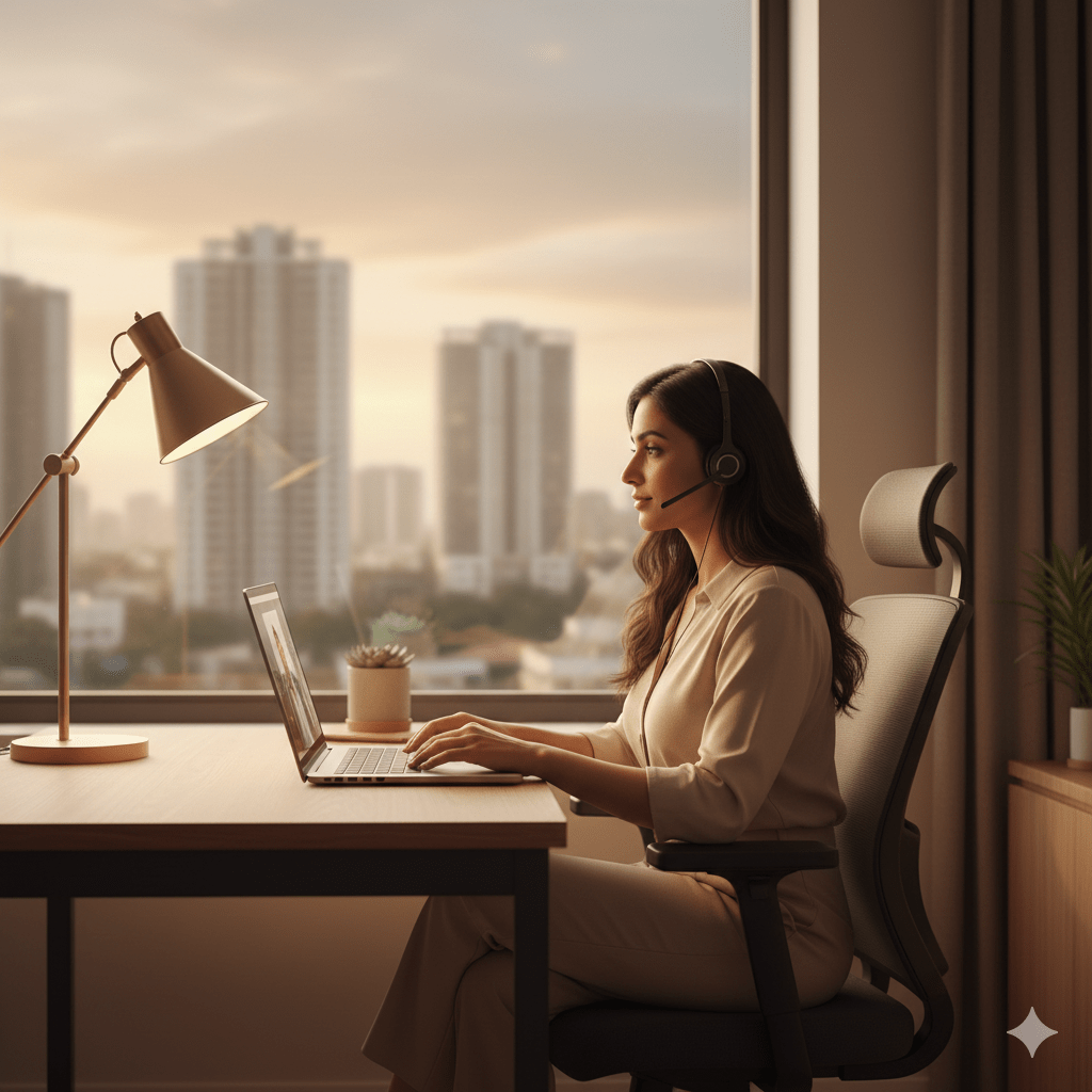 Professional working at home with Chinchwad city view, highlighting strong connectivity benefits of 3 BHK apartments in the area.